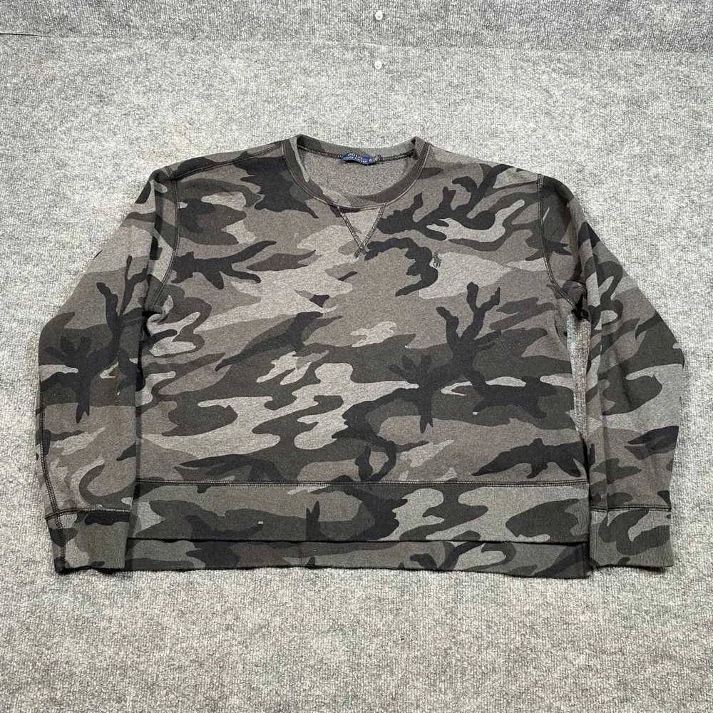 Polo Ralph‎ Lauren Mens XL Camo Crewneck Sweatshirt Grey Black Camouflage Fleece